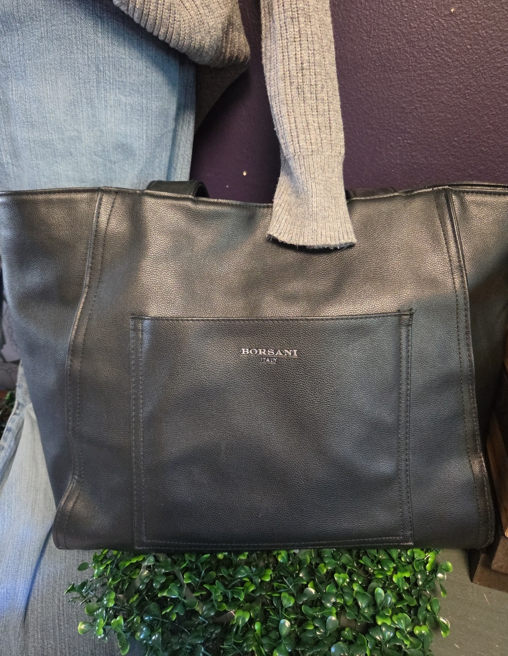 Big Black Front Pocket Tote With Red Liner By Borsani Italy